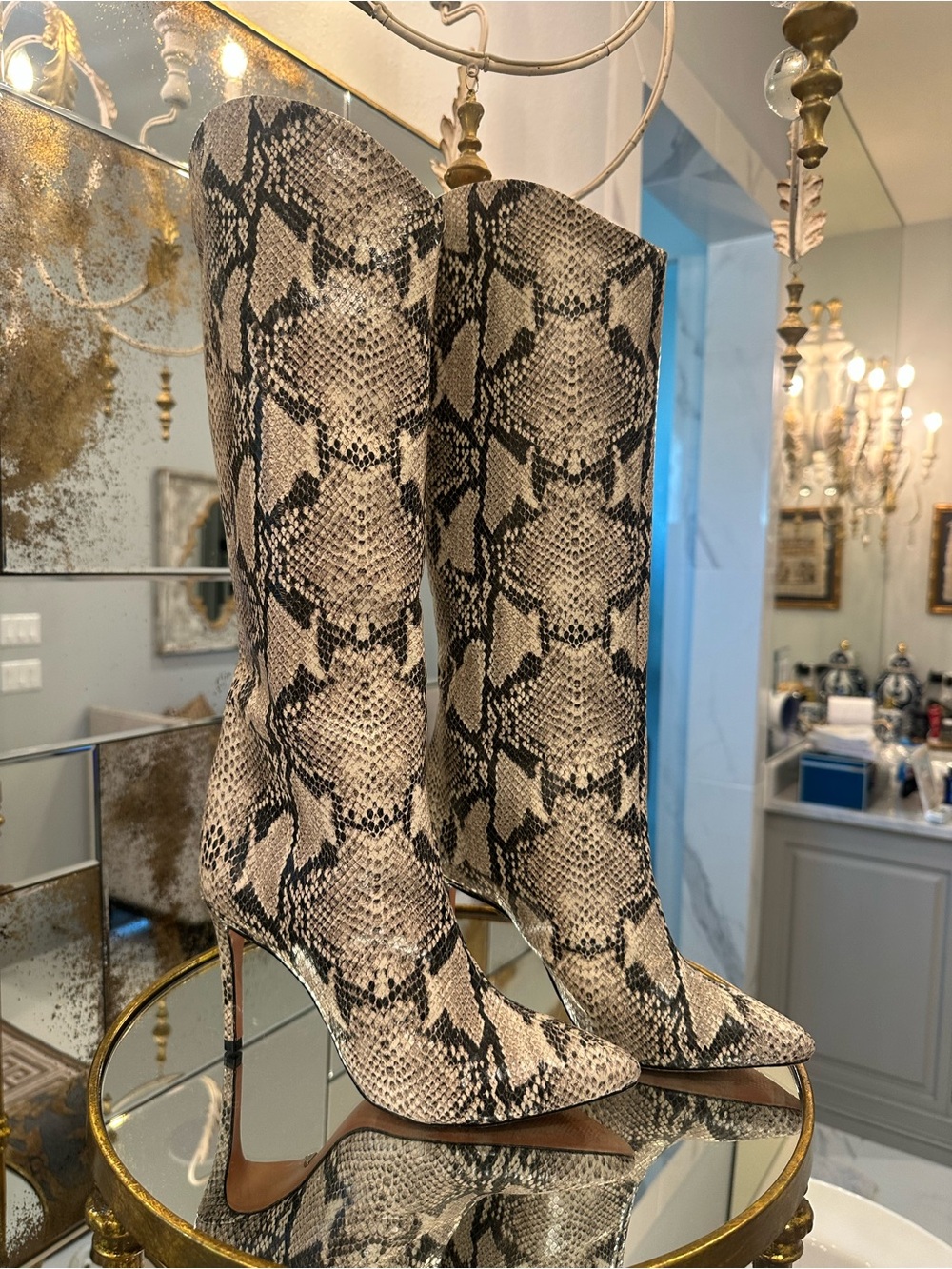 Snake-Print Pointed Toe Stiletto Knee Boots - Beige/Black